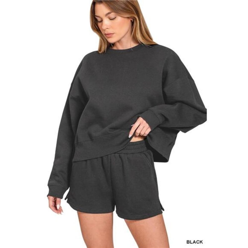 Zenana‎ Fleece Round Neck Sweatshirt and Shorts Set